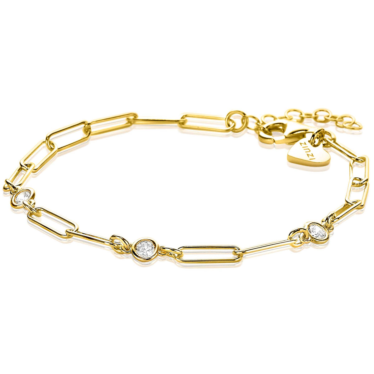 Gouden armband met schakels en heldere steentjes, afgewerkt met een verlengkettinkje.