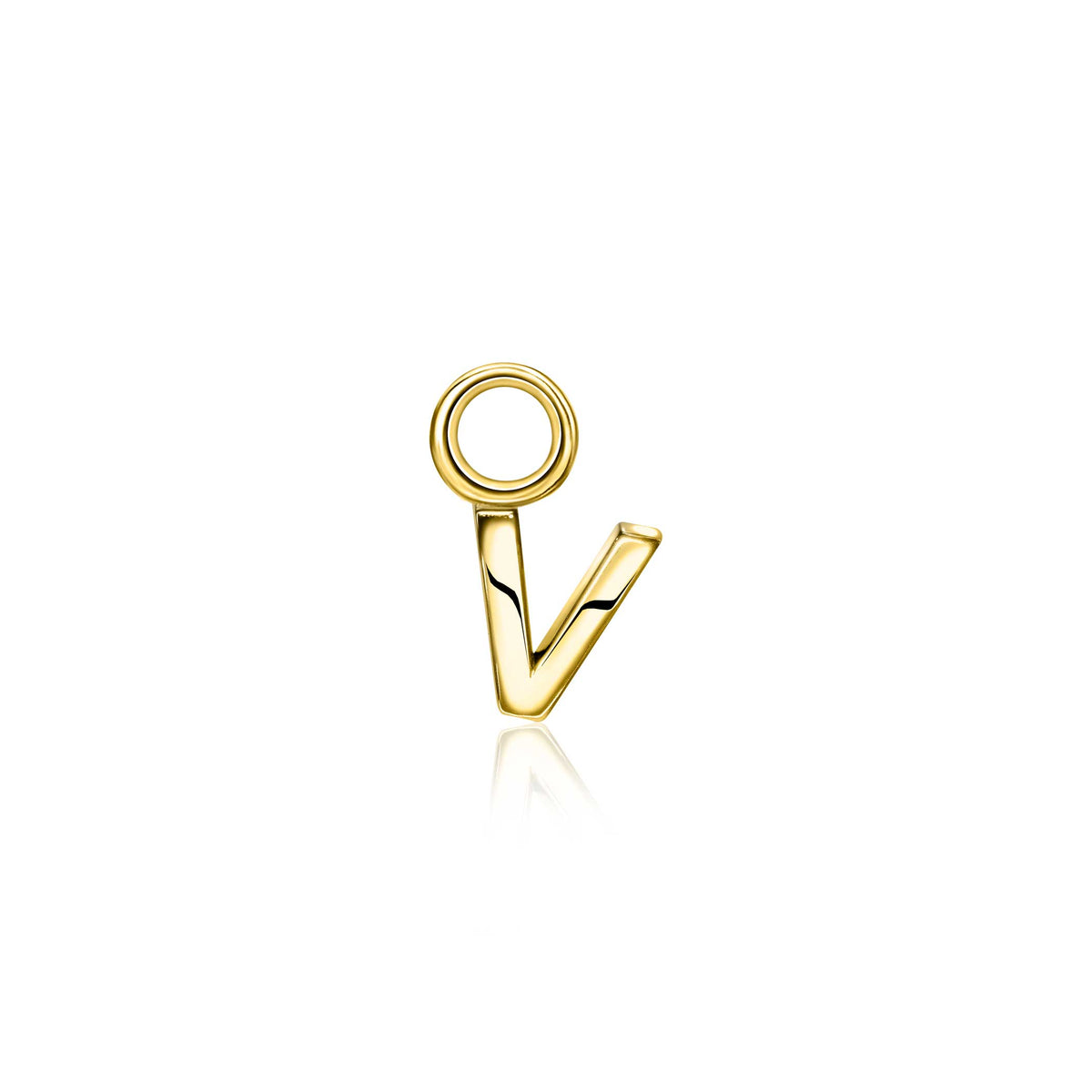 Gouden, geplateerde oorbel in de vorm van een letter 'V' met een cirkelvormig detail.