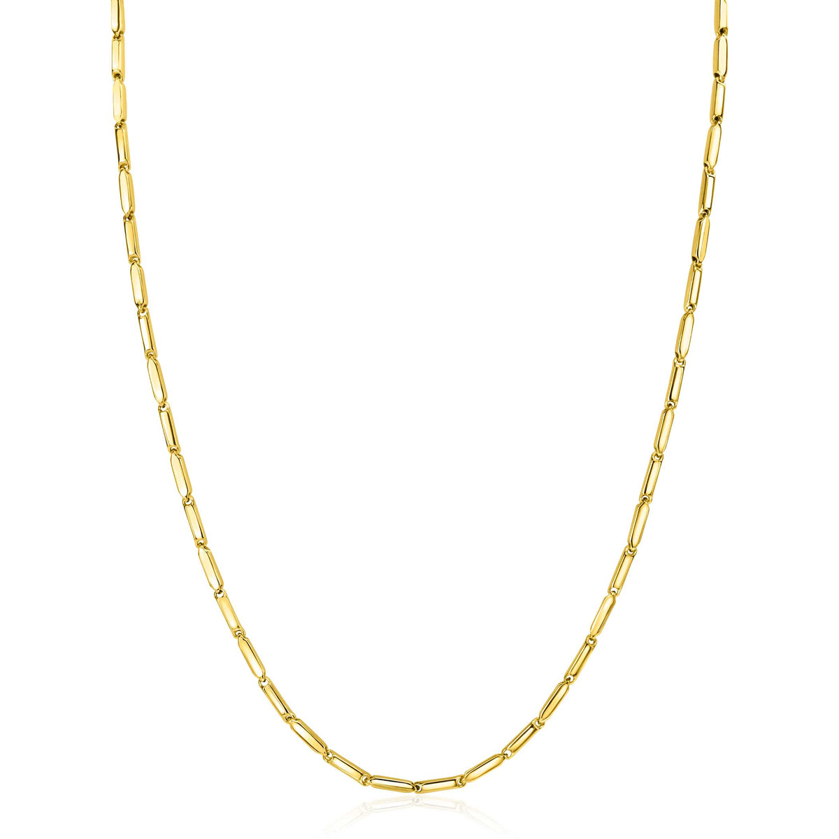 De Zinzi Ketting Goud Zgc452 ketting van Zinzi is gemaakt van 14 karaat goud en bestaat uit langwerpige, platte schakels met rechthoekige staafjes, allemaal tegen een witte achtergrond voor een eenvoudig maar elegant ontwerp.
