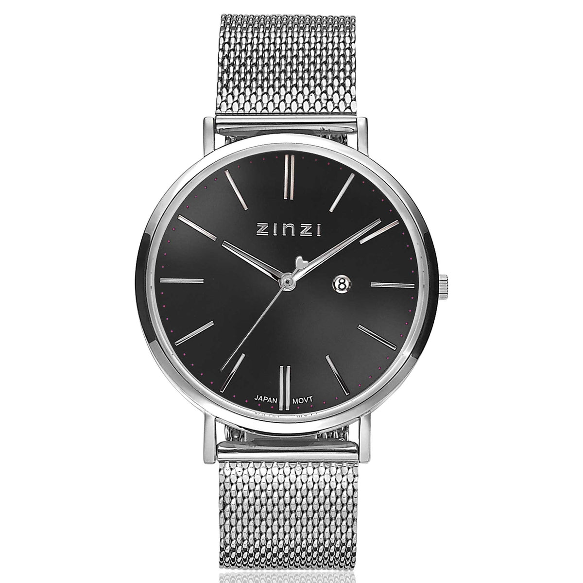 Zilverkleurig horloge van staal met een zwarte wijzerplaat en mesh-band.