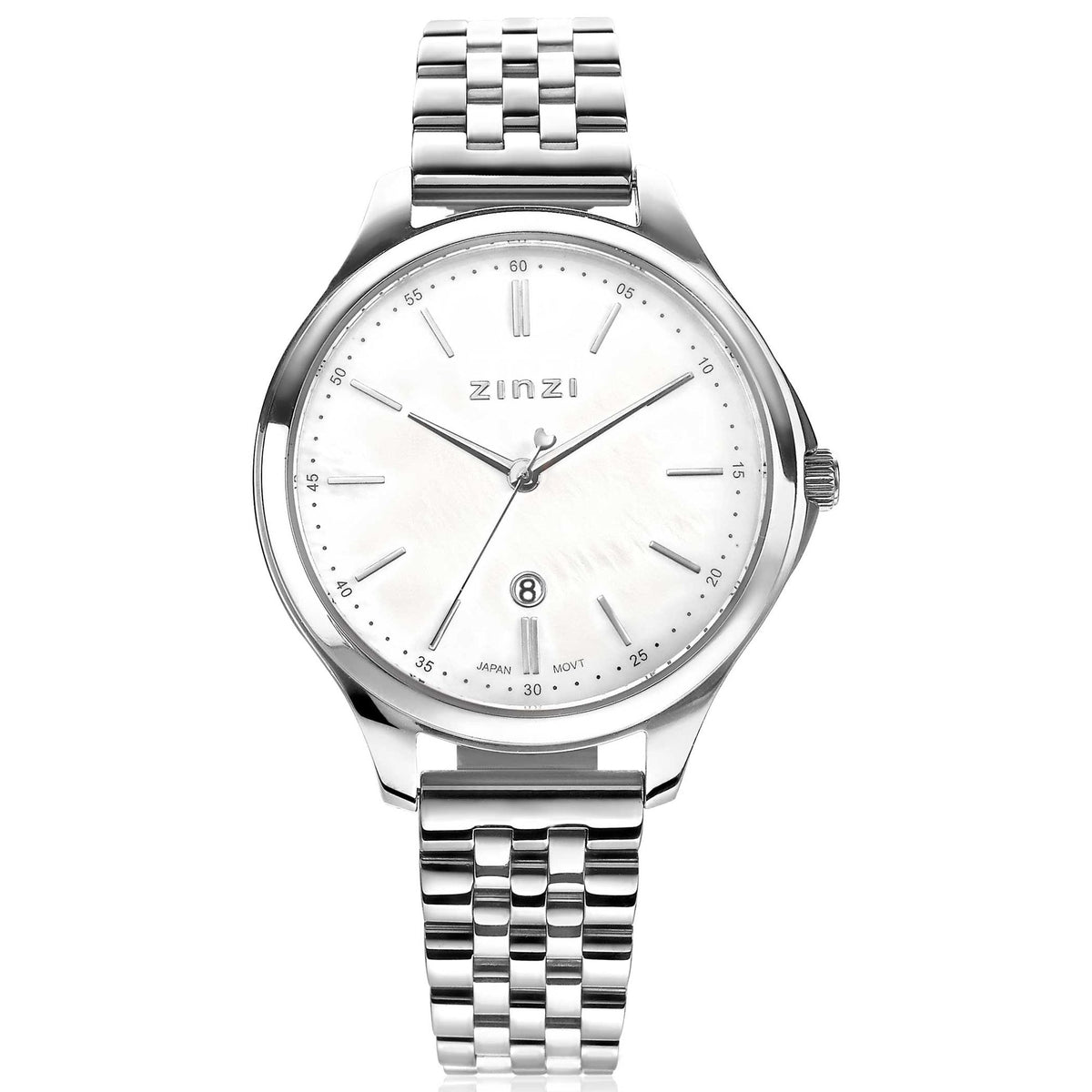 Zilverkleurig horloge van staal met een witte wijzerplaat en een schakelband.