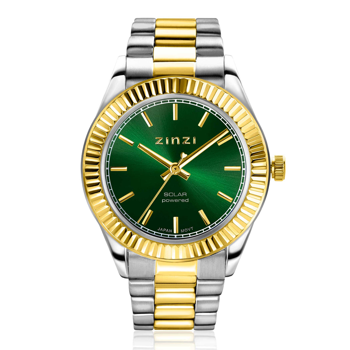 Goudkleurig horloge van staal met groene wijzerplaat en een gestructureerde bezel.