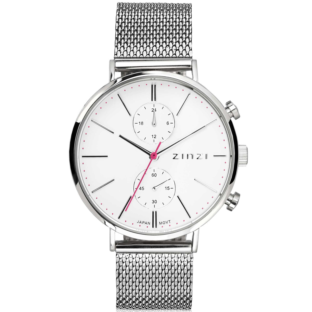 Zilverkleurig horloge van staal met mesh-band, witte wijzerplaat en rode details.