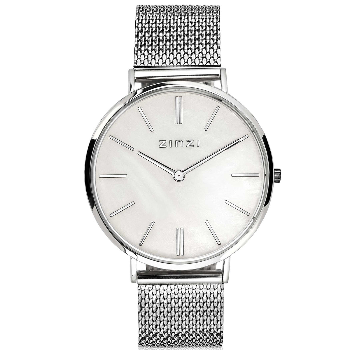 Zilverkleurig horloge van staal met een mesh-band en een witte wijzerplaat met streepindex.