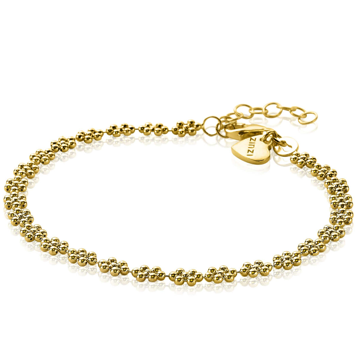 Gouden armband met bloemvormige schakels en een verlengketting.