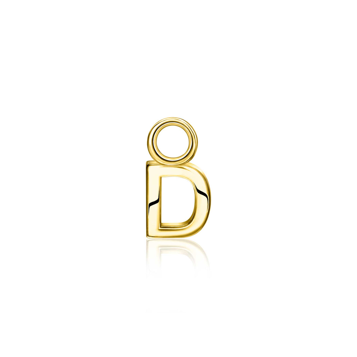 Gouden oorbel in de vorm van een letter 'D' met een glanzende afwerking.