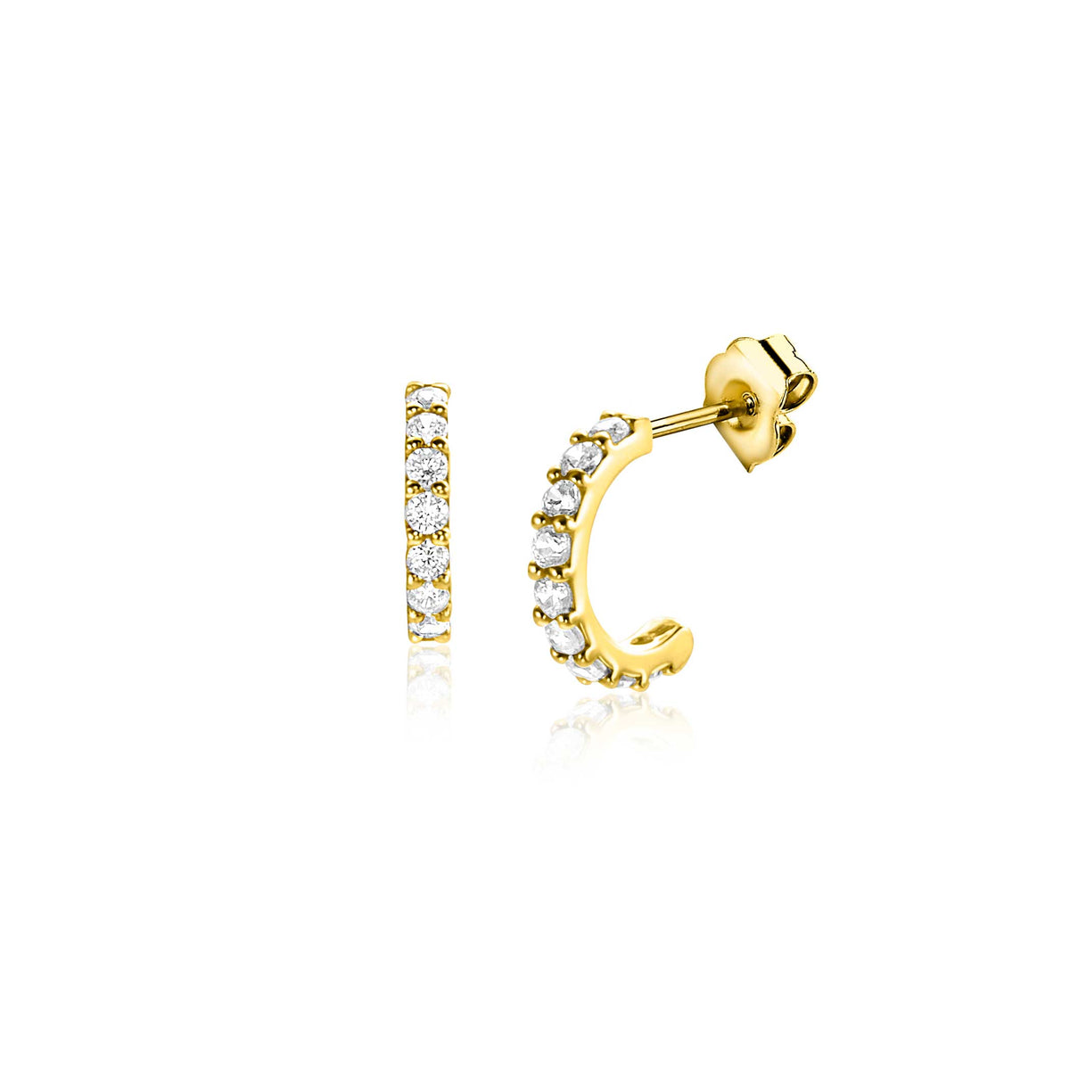 Gouden oorbellen met een rij van heldere steentjes in een elegante, gebogen vorm.