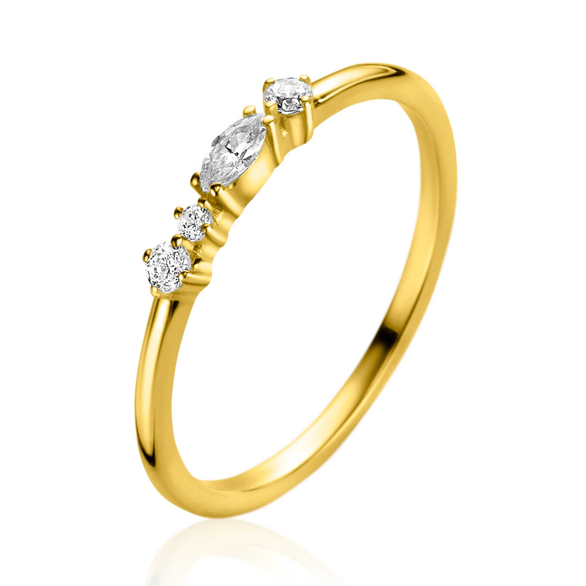 Gouden ring met drie heldere steentjes in verschillende vormen.