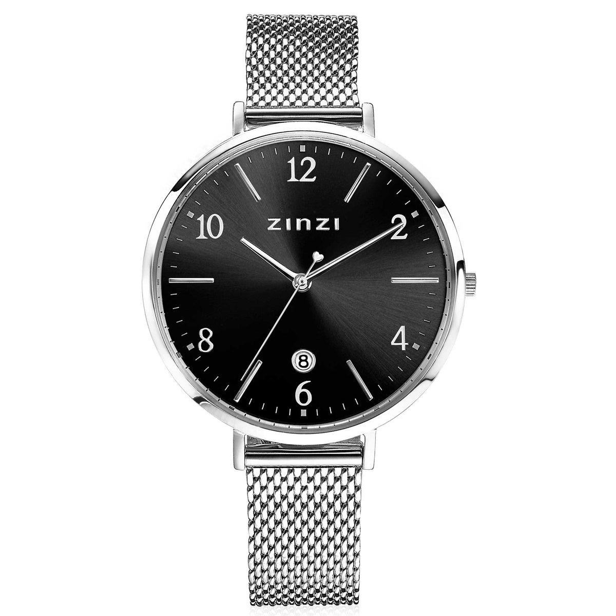 Zilverkleurig horloge van staal met een zwarte wijzerplaat en mesh-band.