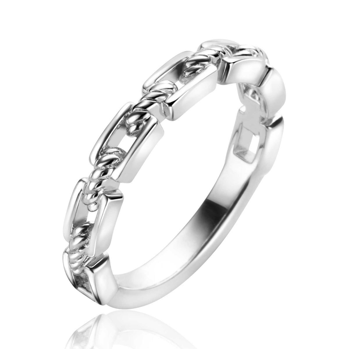 Zilveren ring met een schakelpuntdesign en glanzende afwerking.