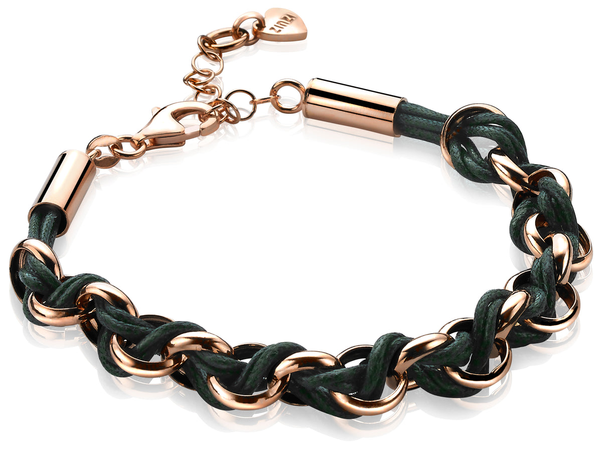 Zilveren armband met een gevlochten groen leren band en roségouden schakels.