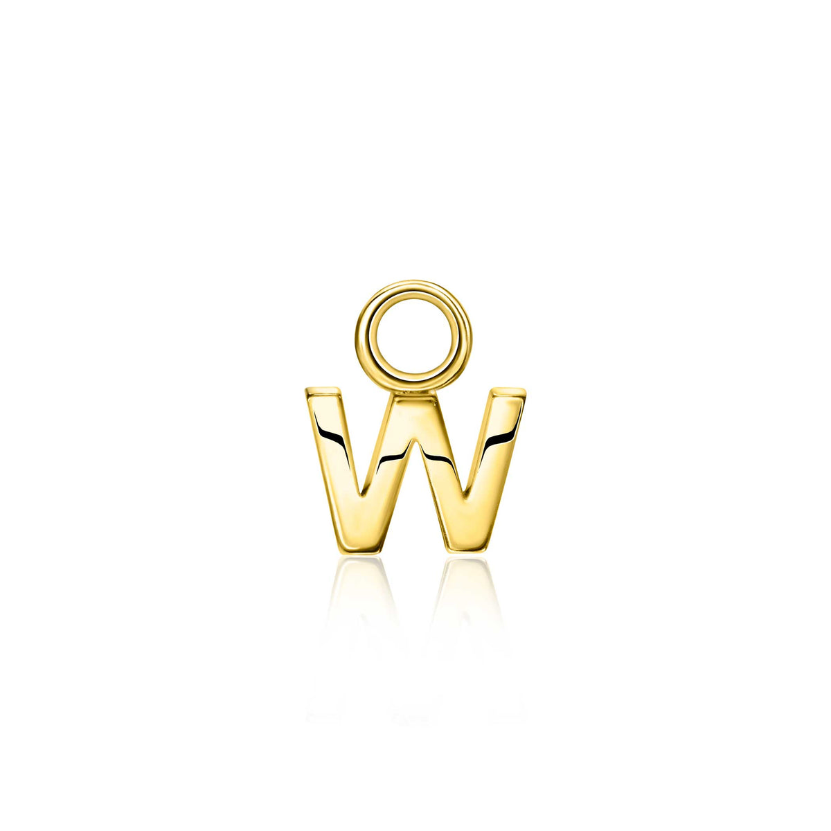 Gouden oorbel met een gestileerde letter W, afgewerkt met een glanzende laag.