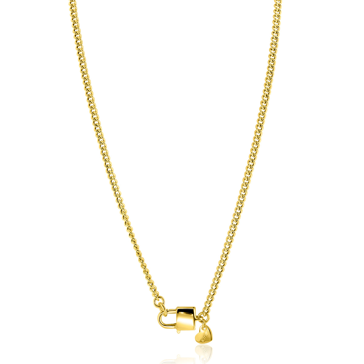 Gouden ketting met een fijne schakel en een slot in de vorm van een hangslotje met hartje.