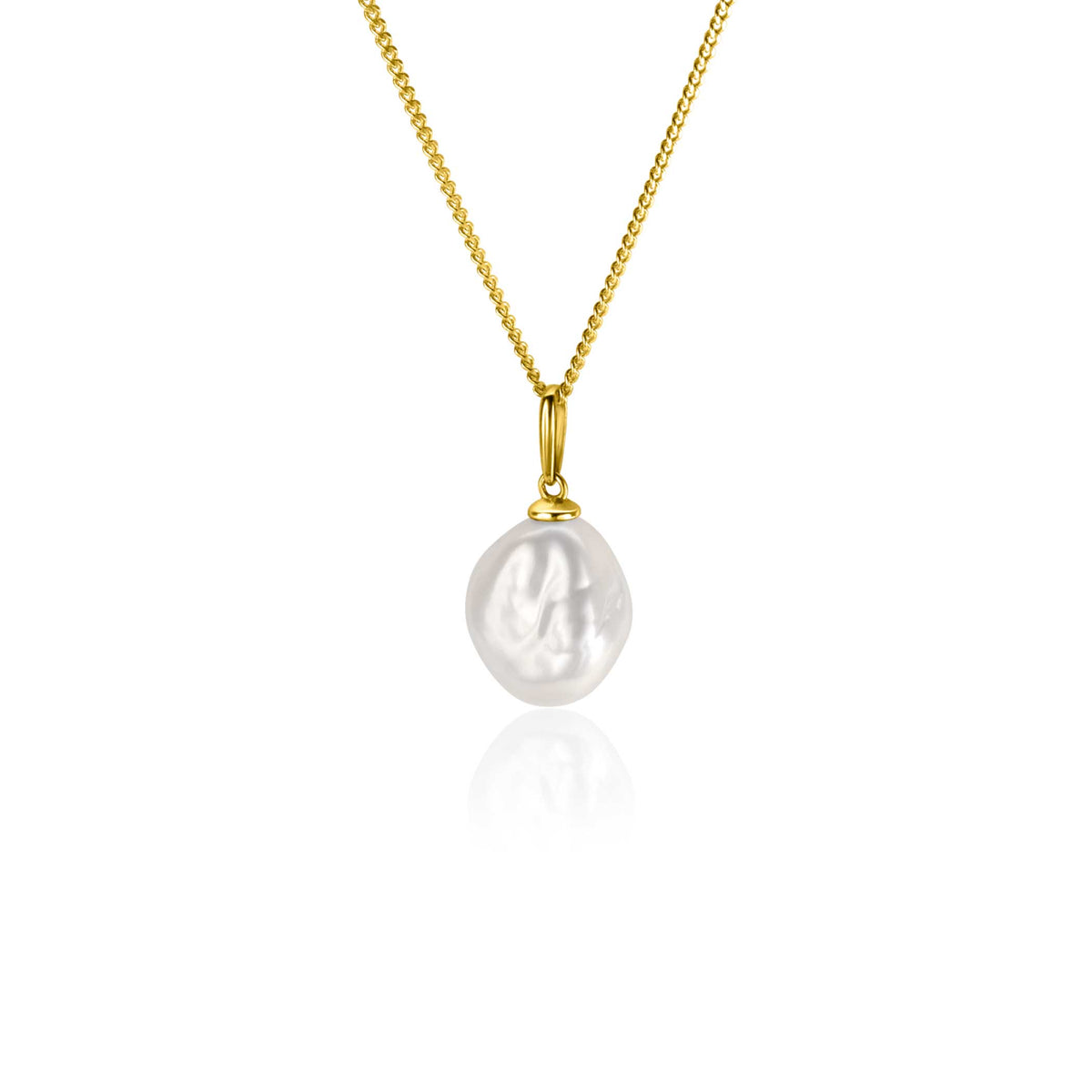 Gouden hanger met een grote, witte parel aan een fijne ketting.