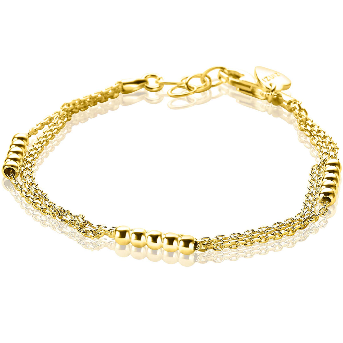 Gouden armband met dubbele ketting en cilindrische elementen, afgewerkt met een karabijnsluiting.