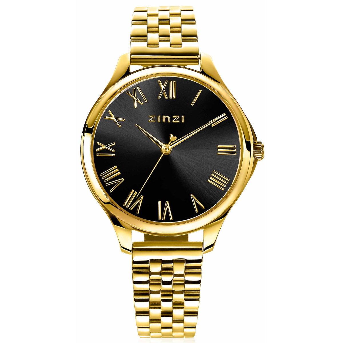Geelgoudkleurig horloge met zwarte wijzerplaat en Romeinse cijfers, voorzien van een schakelband.