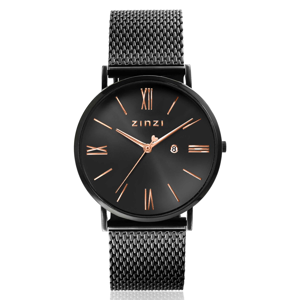 Zwart stalen horloge met mesh-band en een zwarte wijzerplaat, voorzien van roségouden cijfers en wijzers.