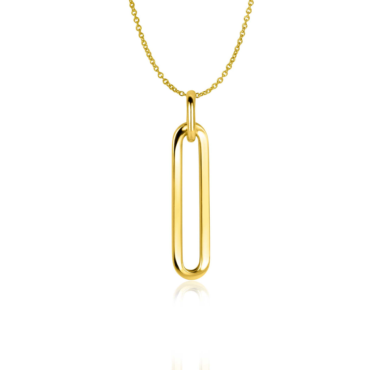 Wij presenteren de Zinzi Hangers Goud Zgh358 van Zinzi, met een gouden hanger met een langwerpig paperclip-schakel-ontwerp. Dit elegante stuk bungelt aan een fijne ketting tegen een witte achtergrond en straalt verfijning uit.