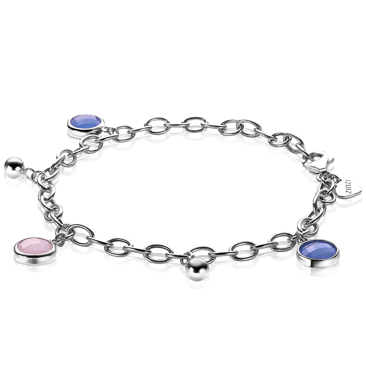 Zilveren armband met schakels en ronde, gekleurde stenen in roze en blauw.