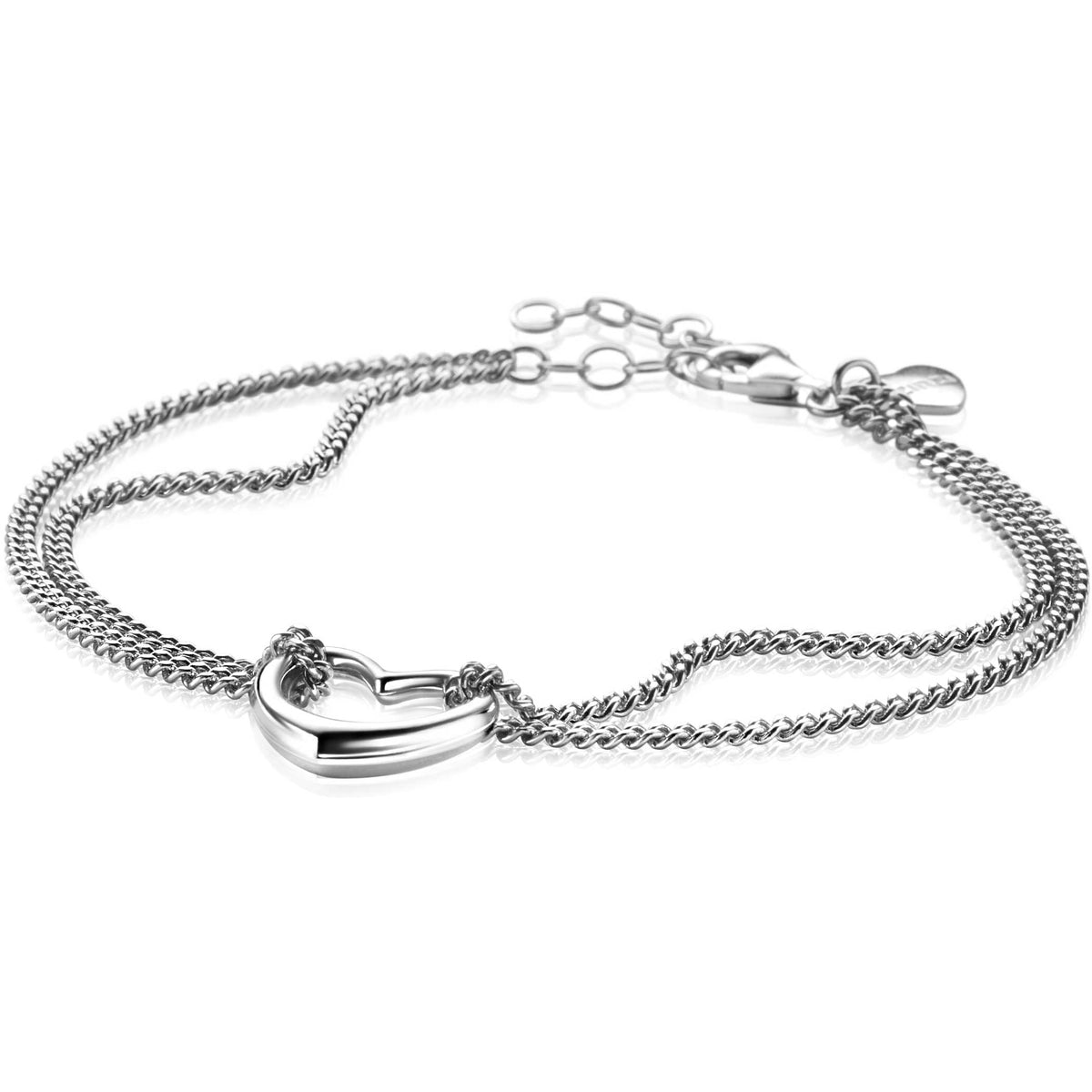 Zilveren armband met dubbele ketting en hartvormige sluiting.
