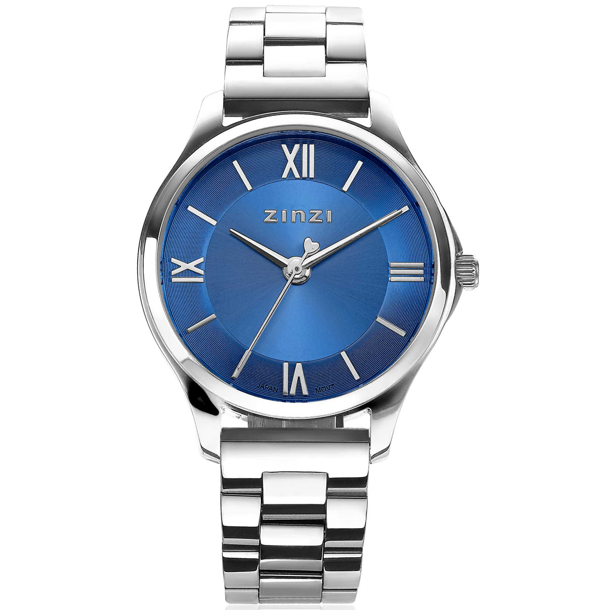 Zilverkleurig horloge van staal met een blauwe wijzerplaat en Romeinse cijfers.
