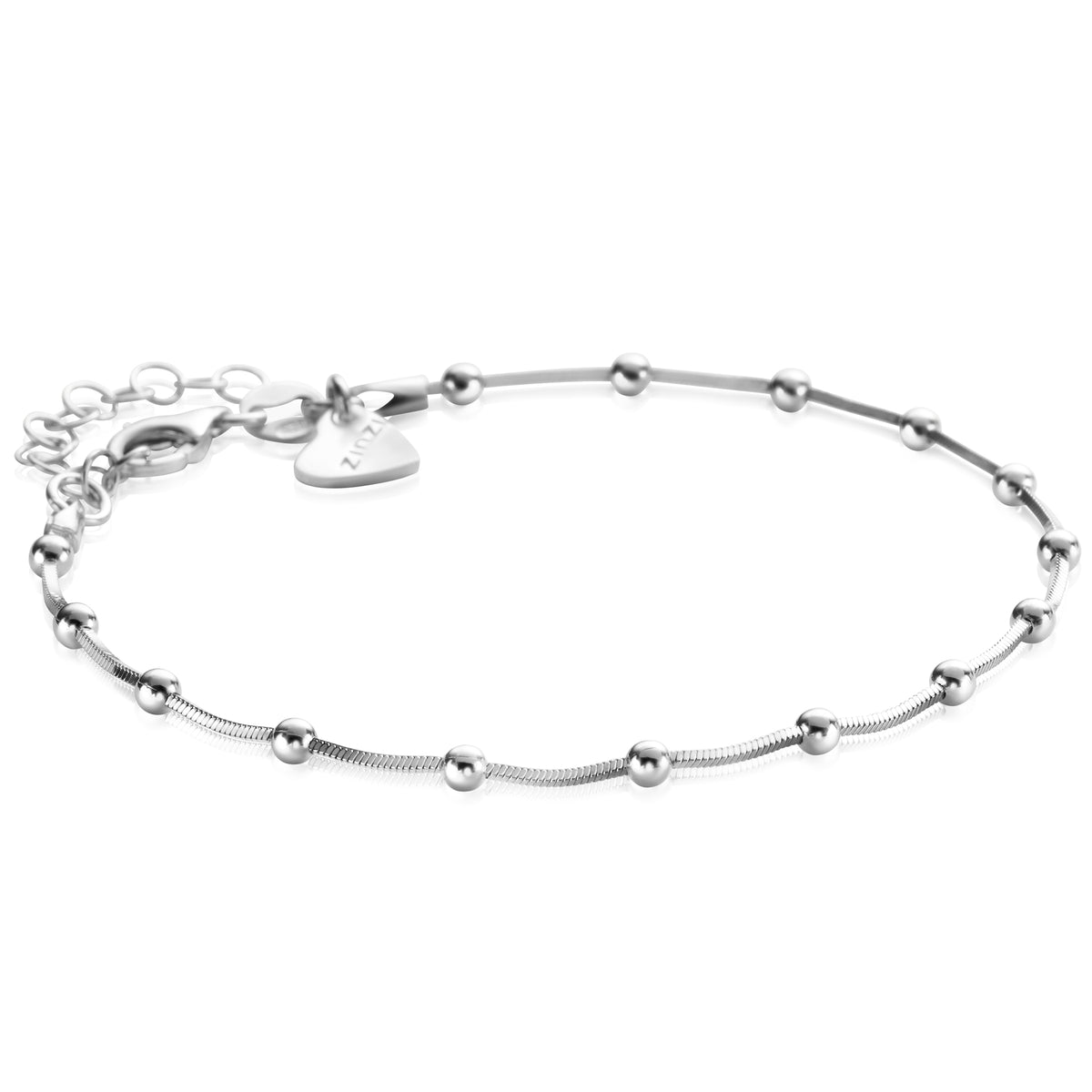 Zilveren armband met bolletjes en een verlengkettinkje, afgewerkt met een hartvormige sluiting.