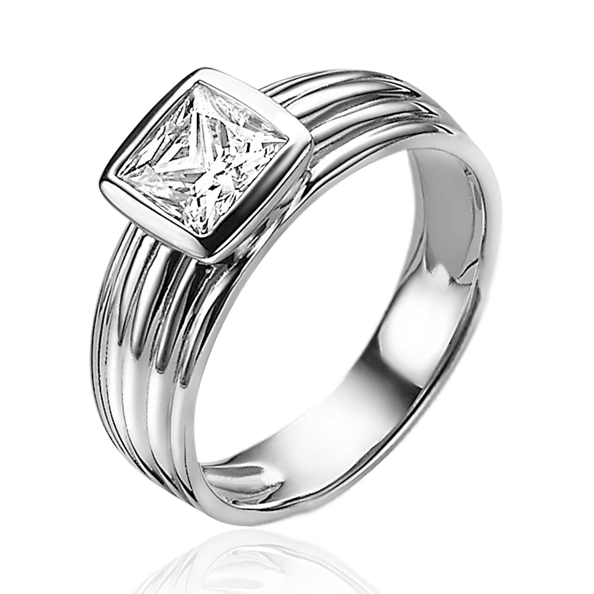 Zilveren ring met een vierkante, heldere zirkonia en een gestreepte band.