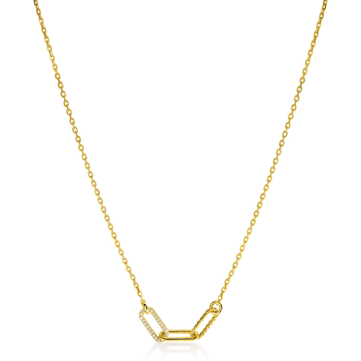 Gouden ketting met een schakelvormige hanger en een fijne schakelketting.