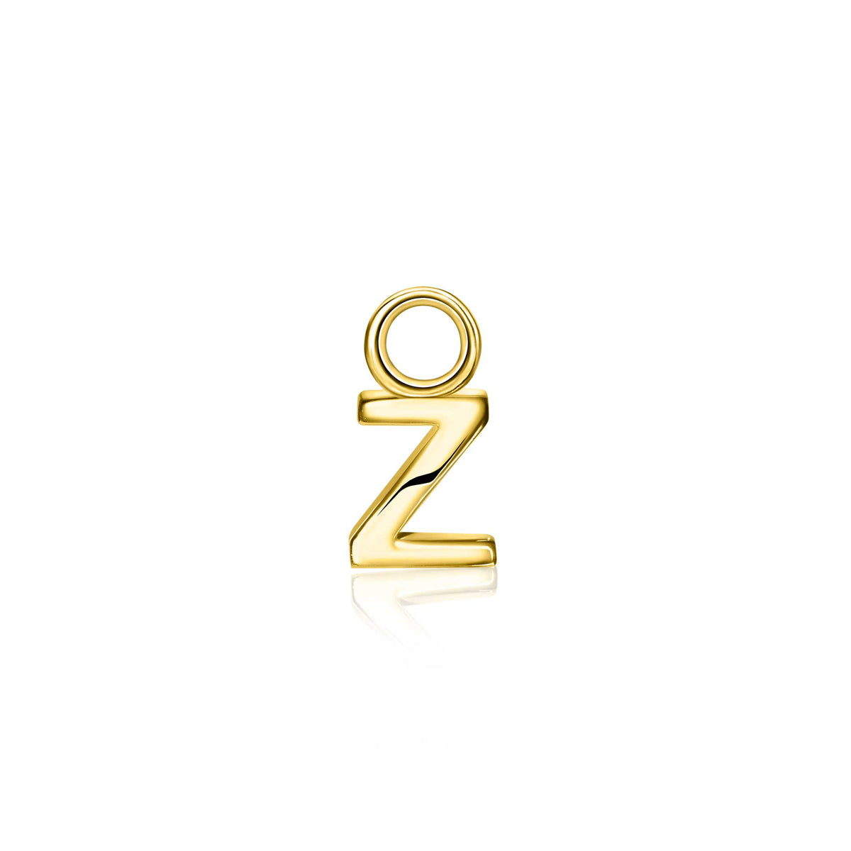 Gouden, geplateerde oorbel in de vorm van een letter Z met een ronde hanger.