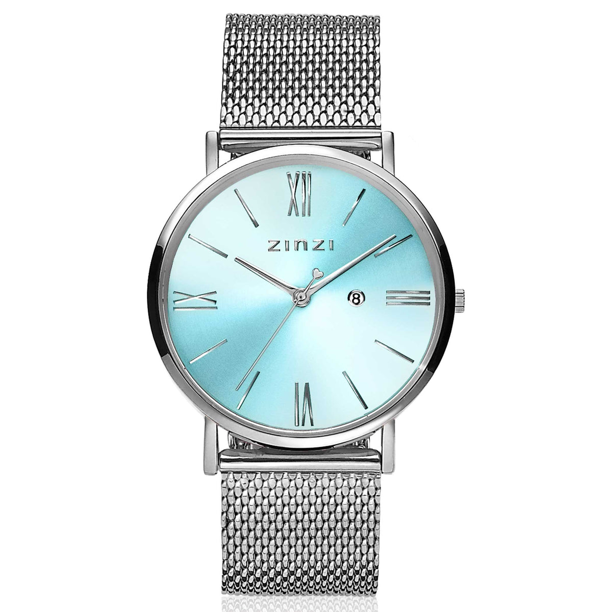 Zilverkleurig horloge van staal met een lichtblauwe wijzerplaat en mesh-band.