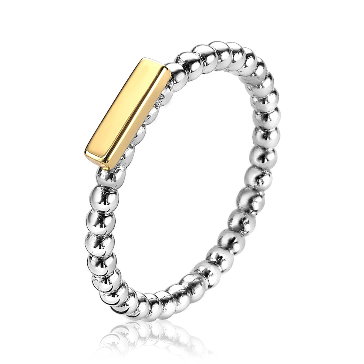 Gouden ring met een bolletjesband en een rechte, gouden afwerking aan de bovenkant.