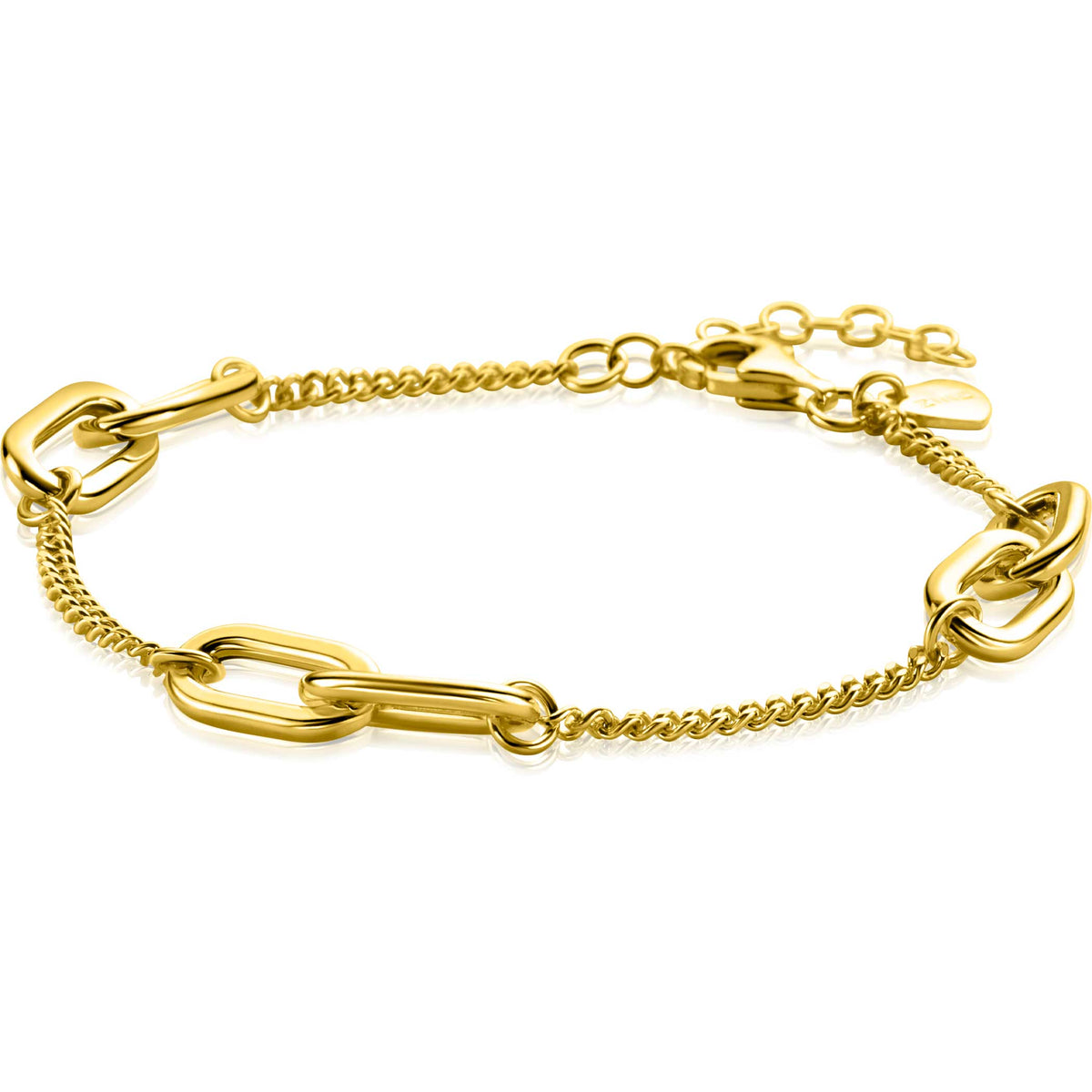 Gouden armband met schakels en een fijne ketting, afgewerkt in glanzend goud.