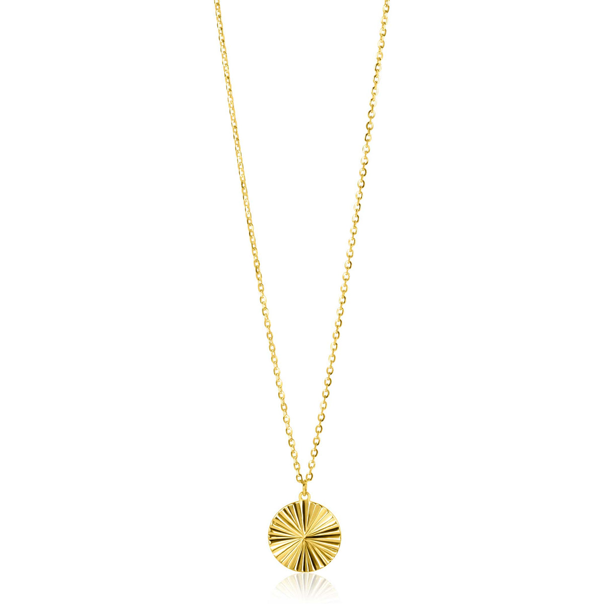 Gouden ketting met een ronde hanger met stralenpatroon.