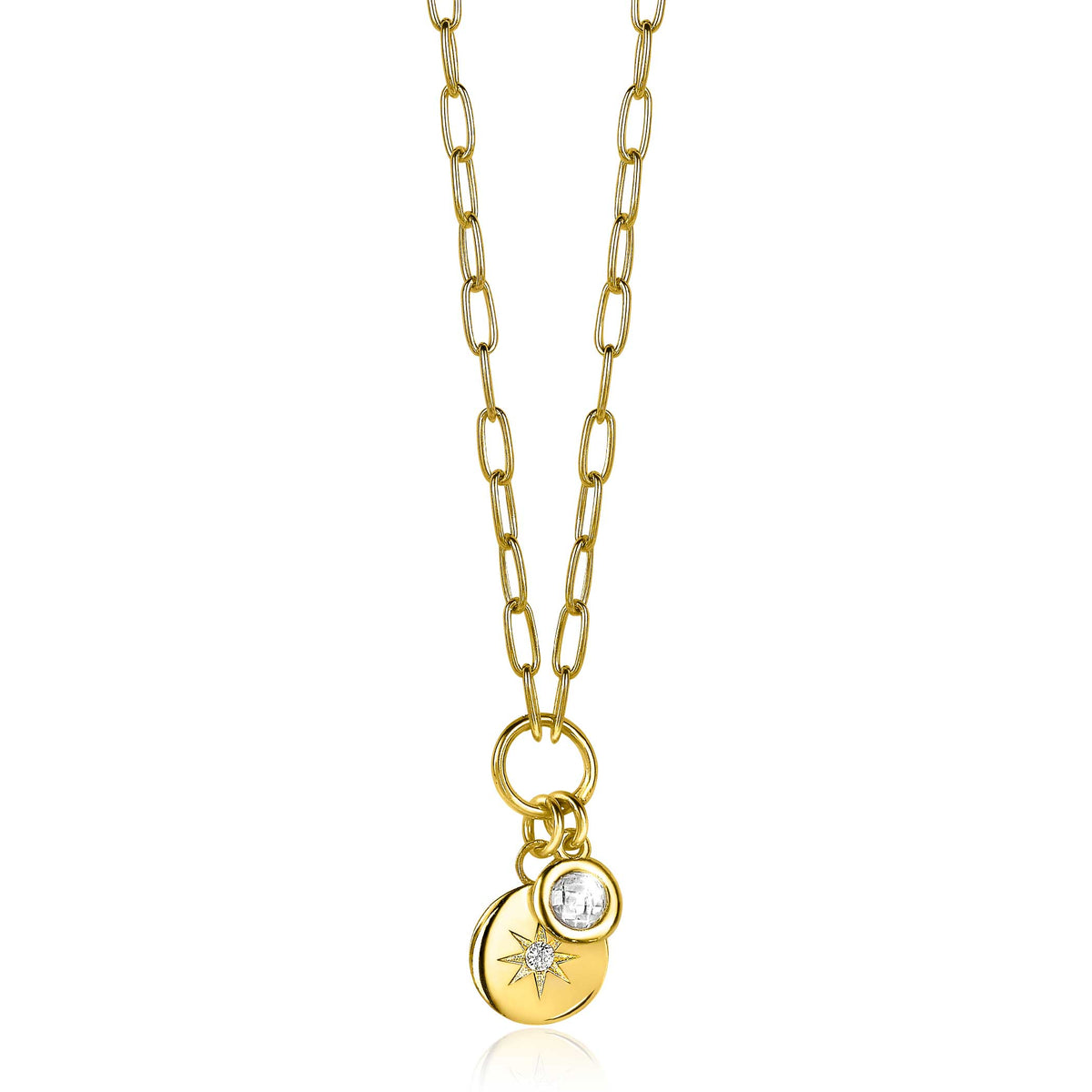 Gouden ketting met schakelstructuur, voorzien van een hanger met een transparante steen en een stervormige detail.