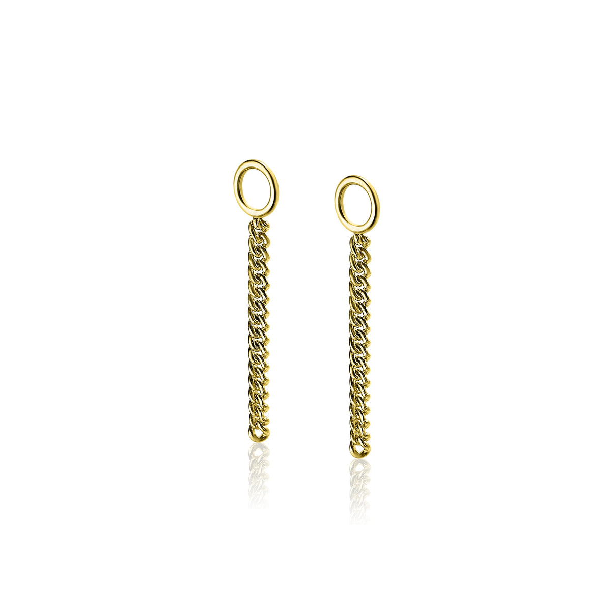Gouden, geplateerde oorbellen met een lange kettingstructuur en een ring aan de bovenkant.