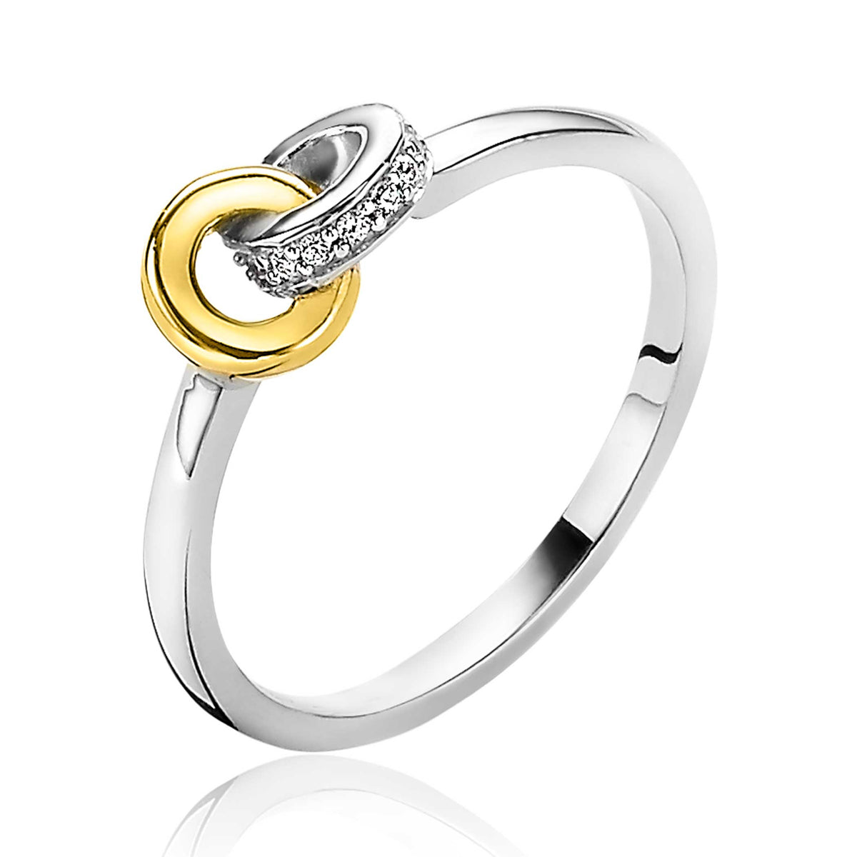 Ring van zilver met een gouden en een verzilverde cirkel, versierd met kleine steentjes.