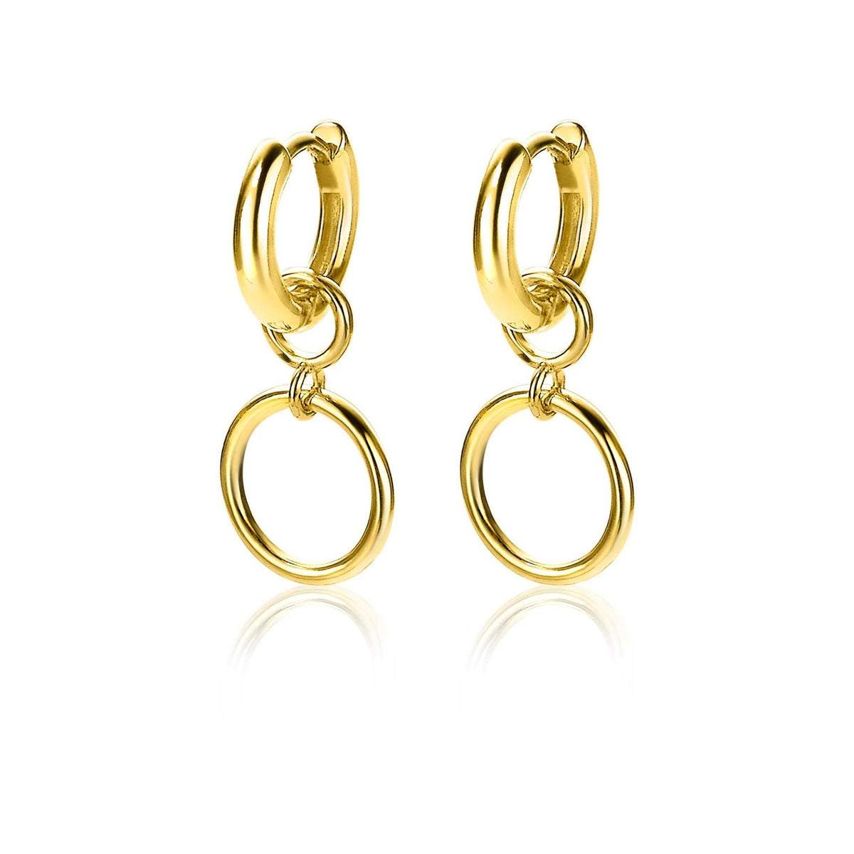 Gouden, vergulde oorbellen met een dubbele ring en een glanzende afwerking.