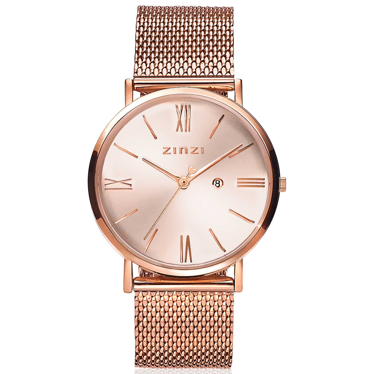 Roségoudkleurig horloge van staal met mesh-band, ronde wijzerplaat en Romeinse cijfers.