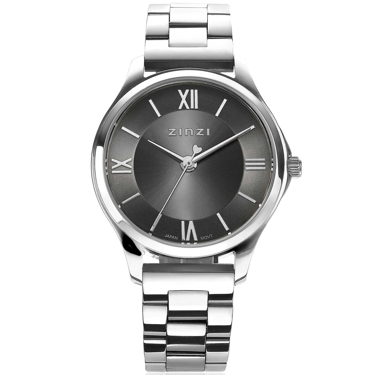 Zilverkleurig horloge van staal met een grijze wijzerplaat en Romeinse cijfers.