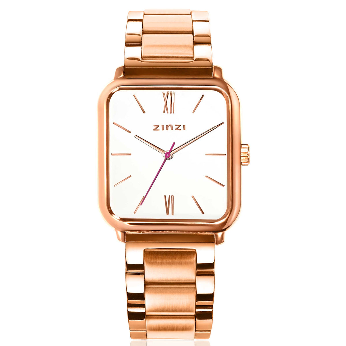 Roségoudkleurig horloge met vierkante kast, witte wijzerplaat en roestvrijstalen schakelband.