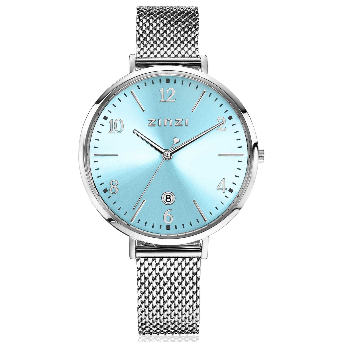Zilverkleurig horloge van staal met een lichtblauwe wijzerplaat en mesh-band.