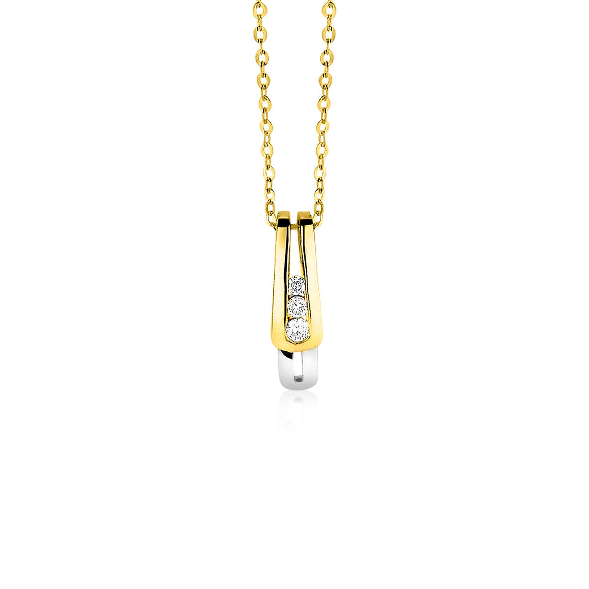 Gouden hanger met drie kleine heldere steentjes, hangend aan een fijne ketting.