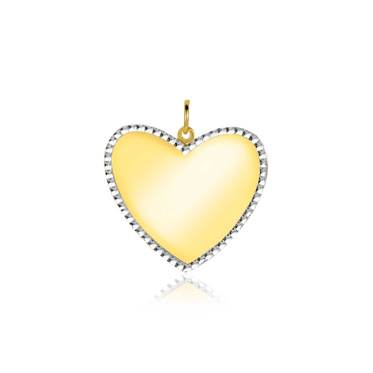 Gouden hartvormige hanger met een glanzend oppervlak en een rand van kleine steentjes.