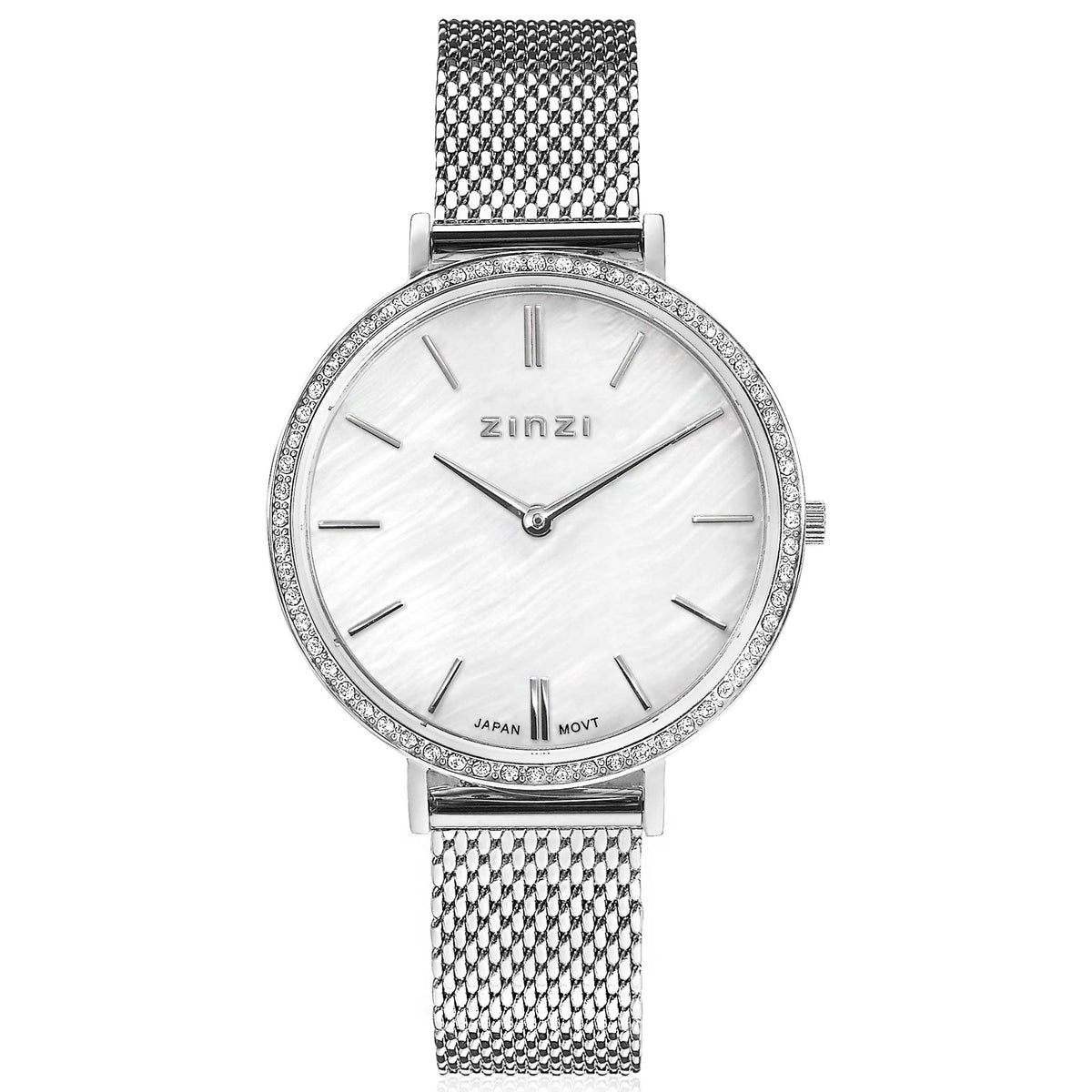 Zilverkleurig horloge van staal met mesh-band, witte wijzerplaat en sprankelende steentjes rond de bezel.