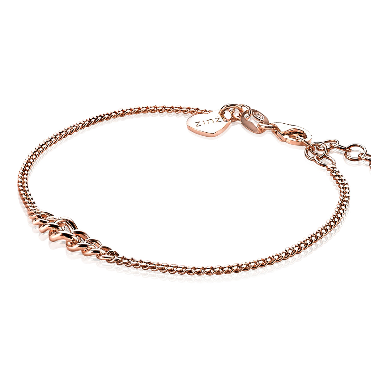 Roségouden armband met fijne schakels en een decoratieve schakel in het midden.