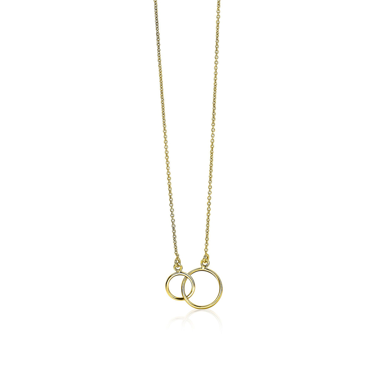 De Zinzi Ketting Goud Zgc115 is een elegante gouden ketting met twee in elkaar grijpende ringen aan een delicate ketting. Met de grotere ring die de kleinere sierlijk overlapt, beide vervaardigd in een glanzende afwerking, vangt dit minimalistische ontwerp de essentie van Kettingen voor tijdloze verfijning.