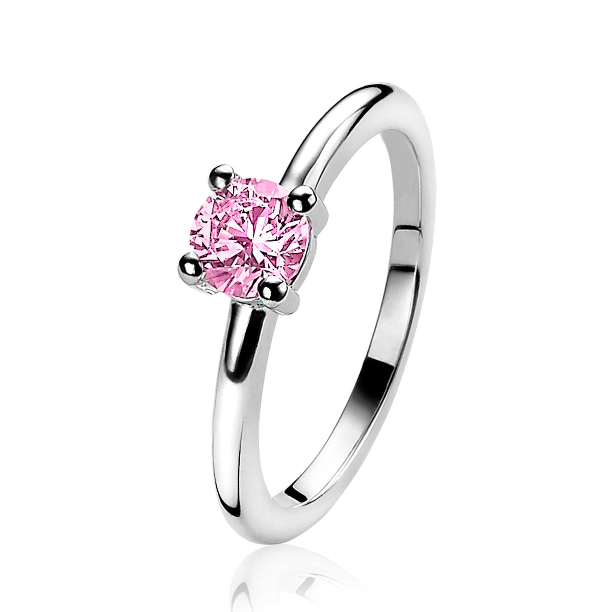 Zilveren ring met een ronde, lichtroze zirkonia in een vierkante zetting.
