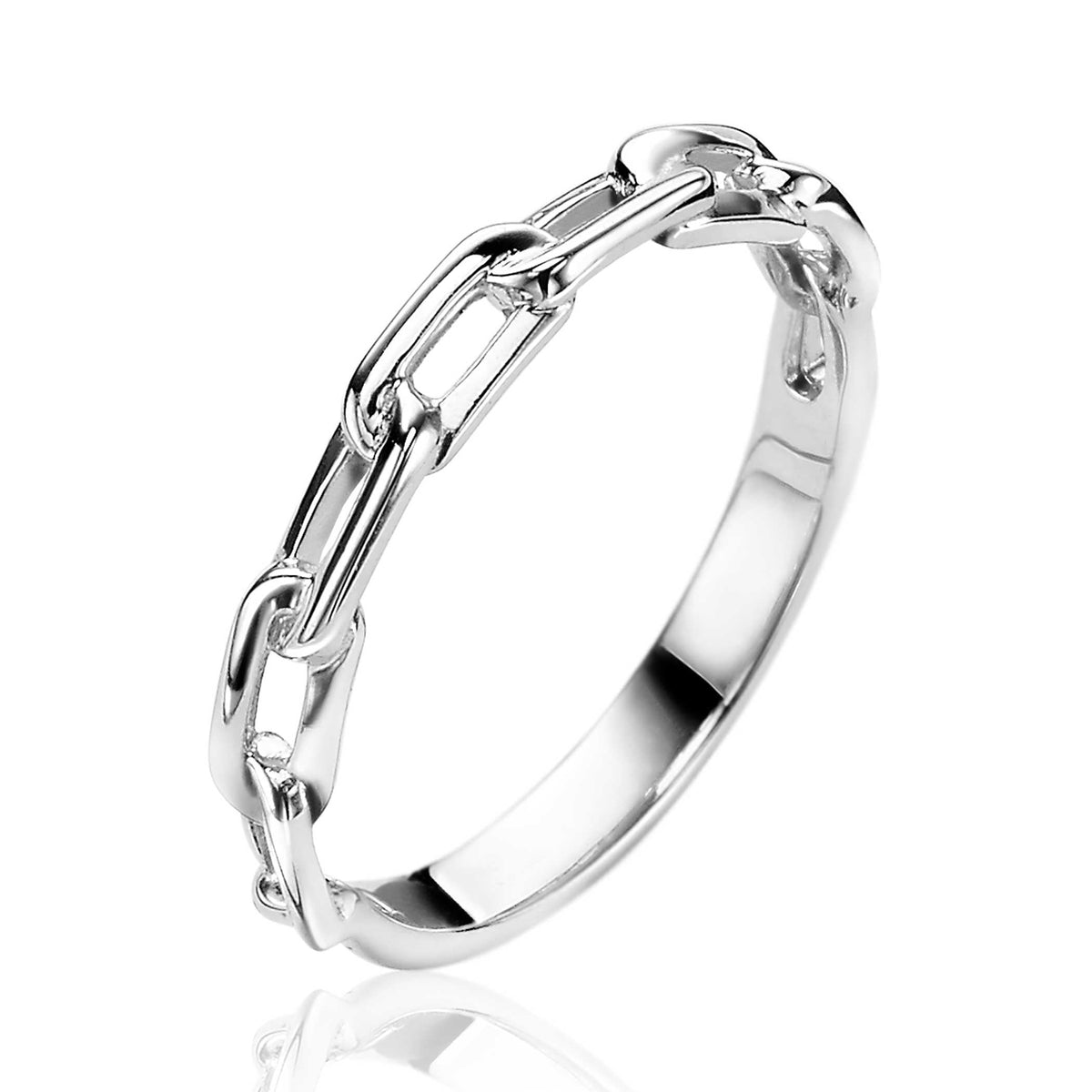 Zilveren ring met schakels, glanzende afwerking en een moderne uitstraling.