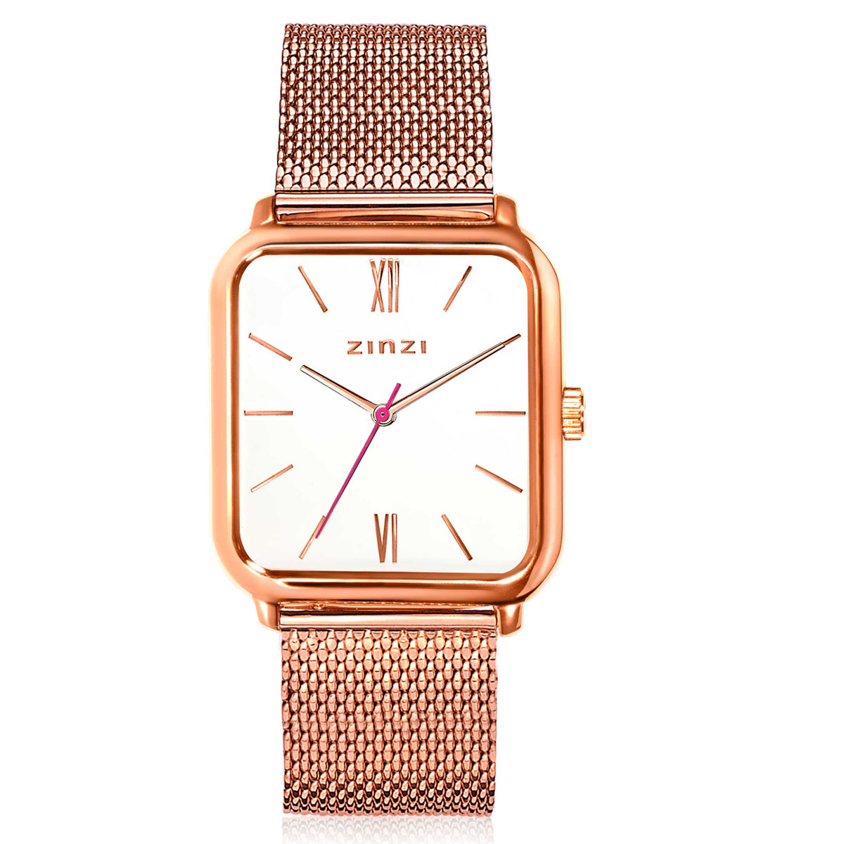 Roségoudkleurig horloge met vierkante kast, witte wijzerplaat en mesh-band.
