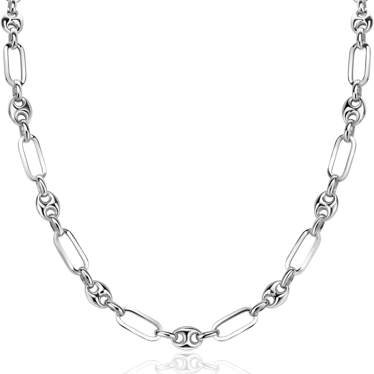Zilveren ketting met een schakelpatroon van ovale en ronde schakelvormen.